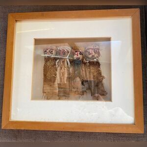 Vintage 4 Dolls Peruvian Burial Ancestors Burlap In Shadow Box 12x 13”